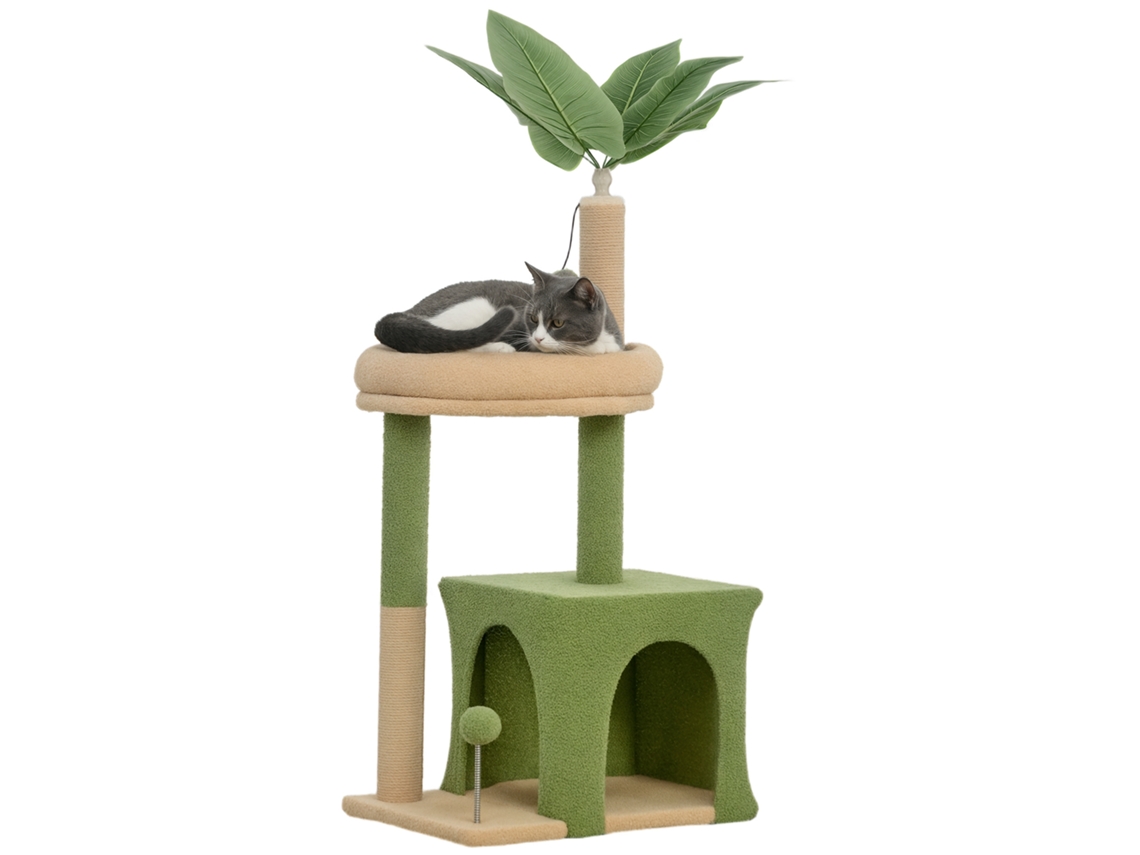 Árvore Para S, Torre De Brincar Com Esconderijo, Cama, Postes Para Arranhar, Bolas E Folhas Artificiais, 44 X 30 X 98 Cm, Verde