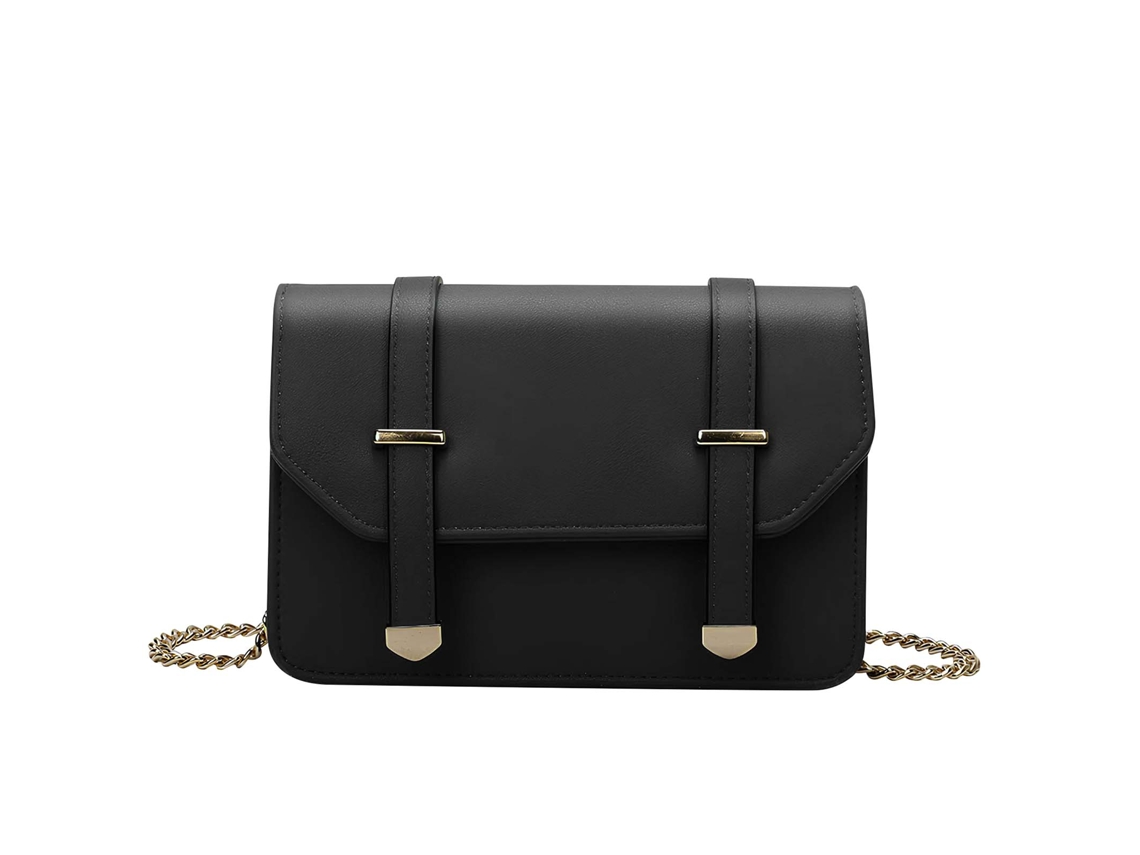 Bolsa De Ombro Feminina Com Corrente Dourada E Aba Com Fivelas Decorativas