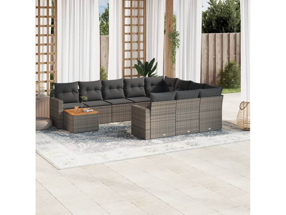 Vidaxl 11 Pcs Conjunto Sofás De Jardim C/ Almofadões Vime Pe Cinzento