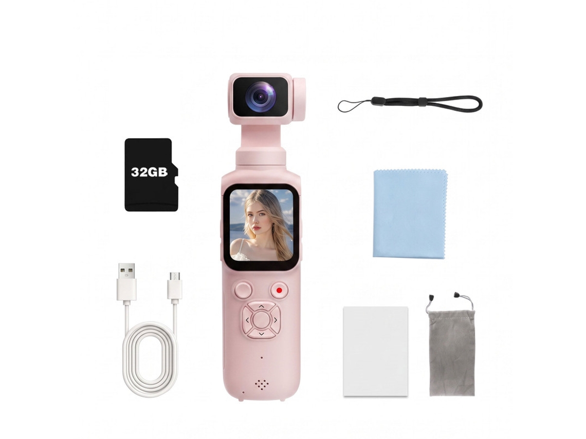 Câmera De Bolso Szsmart Hjd05 4k 75mp, Gimbal Para Vlog Com Rastreamento Facial Ia 330°, Tela Touch 1.72", Wifi E Anti-vibração 32g - Rosa