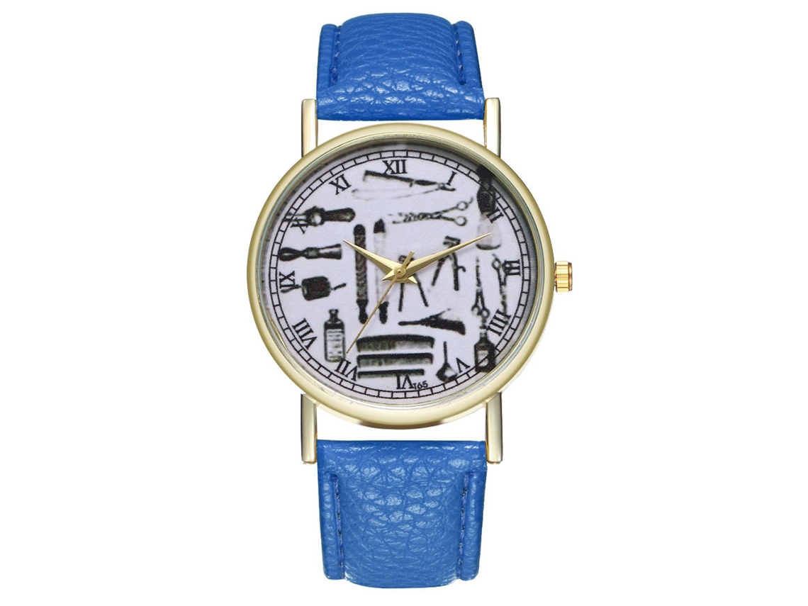 Relógio de quartzo unissex vintage com pulseira de couro PU azul royal T65-a