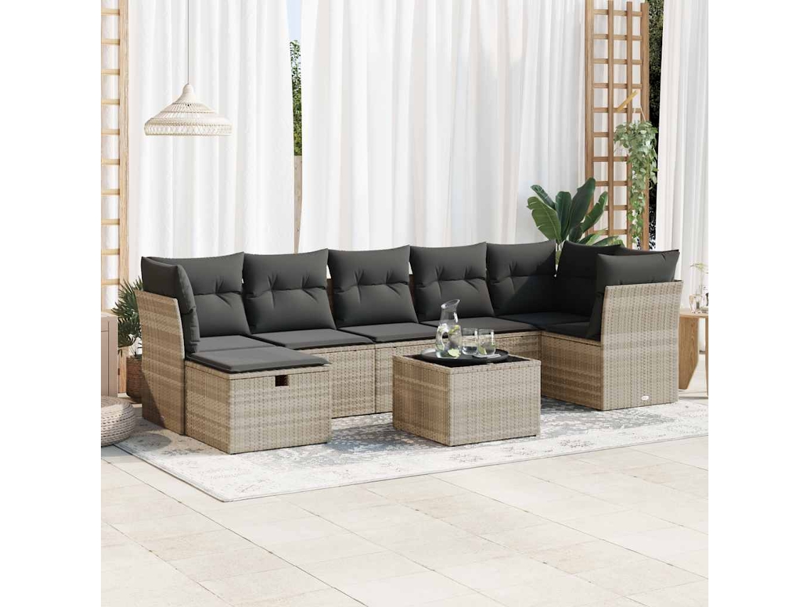 Vidaxl 8 Pcs Conj. Sofás Jardim C/ Almofadões Vime Pe Cinzento-claro