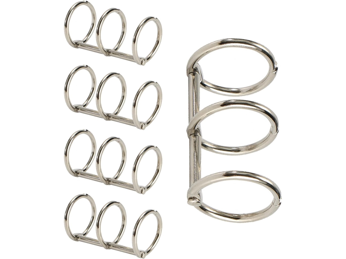 5 argolas para fichário, 3 alfinetes de papel e material escolar para enfiar álbuns de recortes.