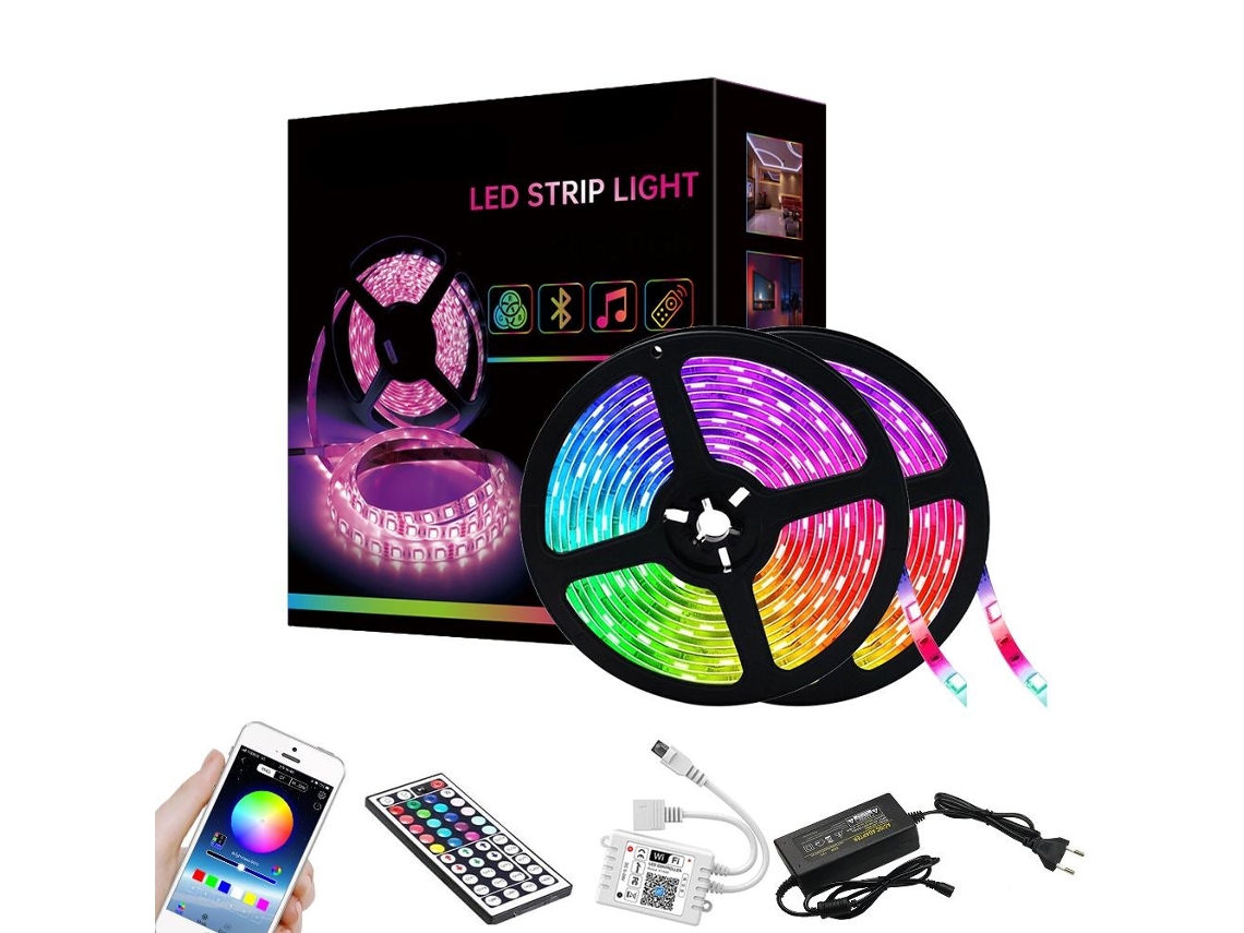 Fita Led, 20 M, Rgb, Bluetooth, App, Flexível, Para Decoração De Móveis, Televisão, Prateleiras E Ambientes Internos