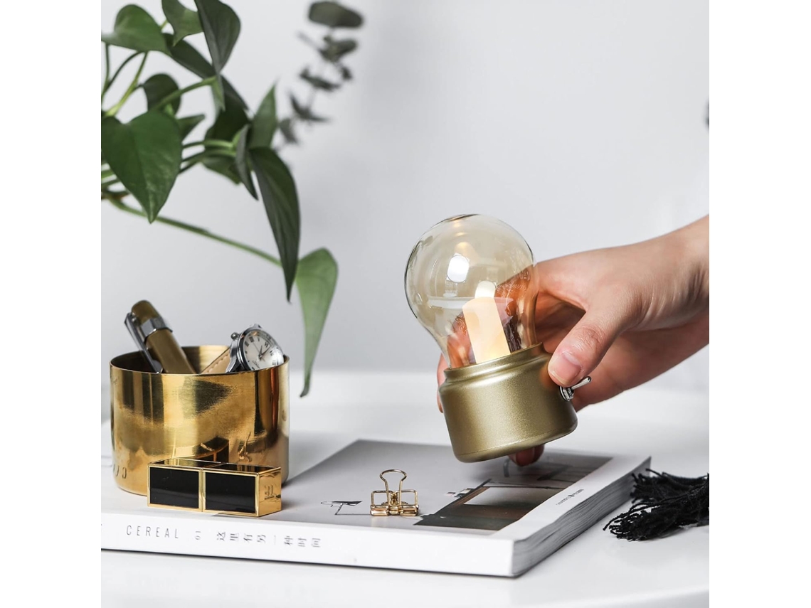 Luminária de mesa Rengue em formato de lâmpada, recarregável via USB, com textura metálica, luz brilhante e elegante para