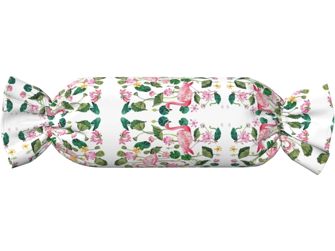 Almofada Cilíndrica Formato de Flamingo com Estampa Folhas Redondas 100 % Poliéster Ideal para Viagens, Casa