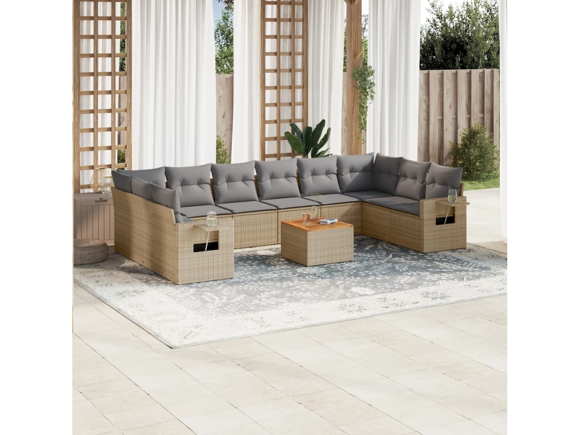 Vidaxl 11 Pcs Conj. Sofás Jardim C/ Almofadões Vime Pe Bege Misturado