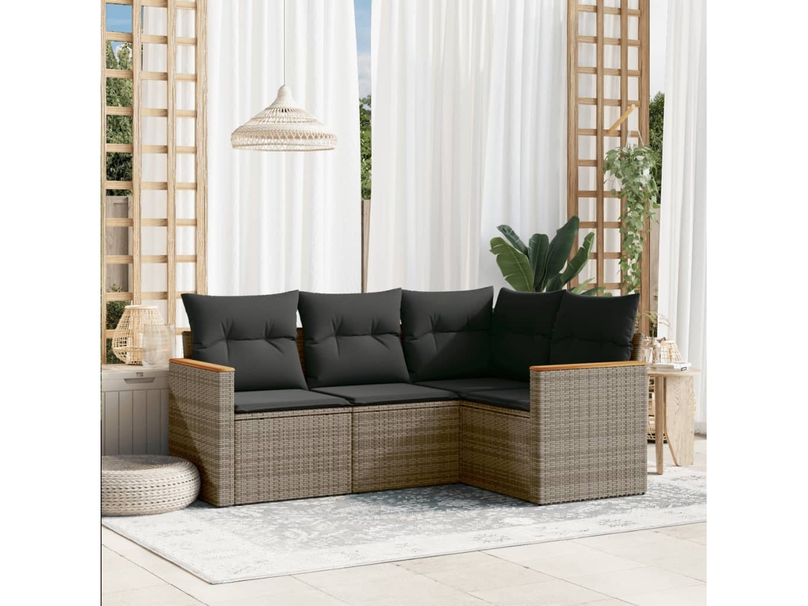 Vidaxl 4 Pcs Conjunto Sofás de Jardim C/ Almofadões Vime Pe Cinzento