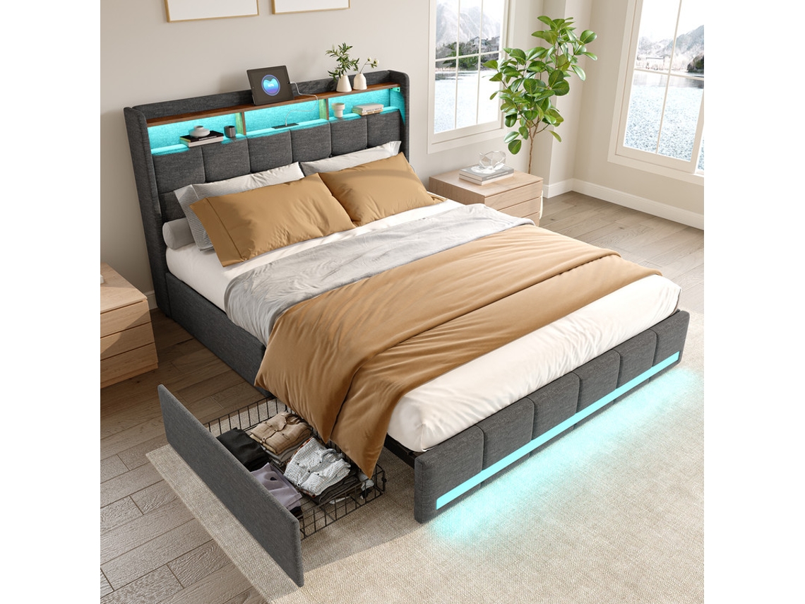 Cama De Casal Grande Led Com Armazenamento, 160x200 Cm, Linho Cinza, Usb-c/usb-a, Iluminação Rgb, Armazenamento Inteligente, Design Moderno