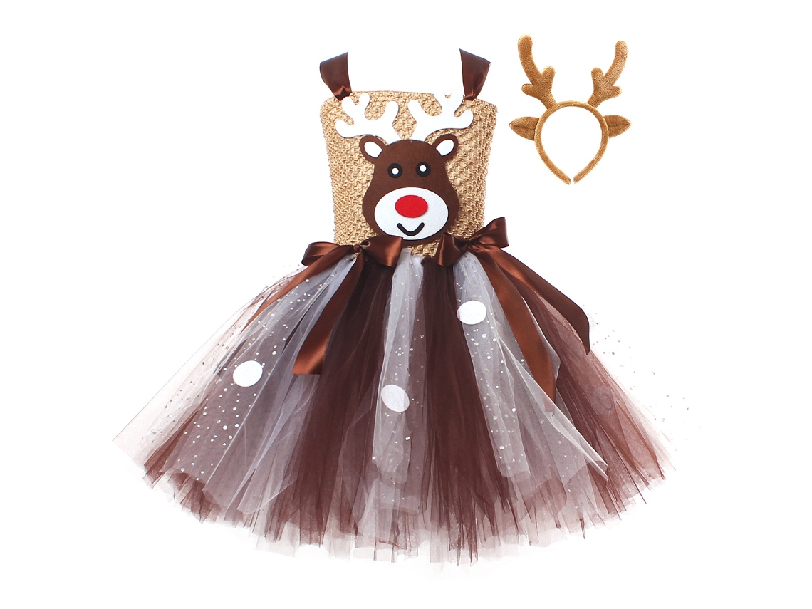 Vestuário de Natal Elk Mesh Vestido Saia Fluffy com Alças de Cabelo Xl