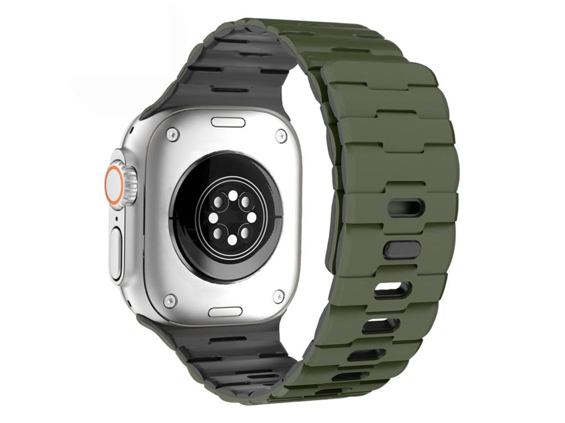 Bracelete Para Apple Watch 46/49/45/44mm - Silicone Magnético Com Pino Único E Relevo De Cavalo Verde Militar E Preto