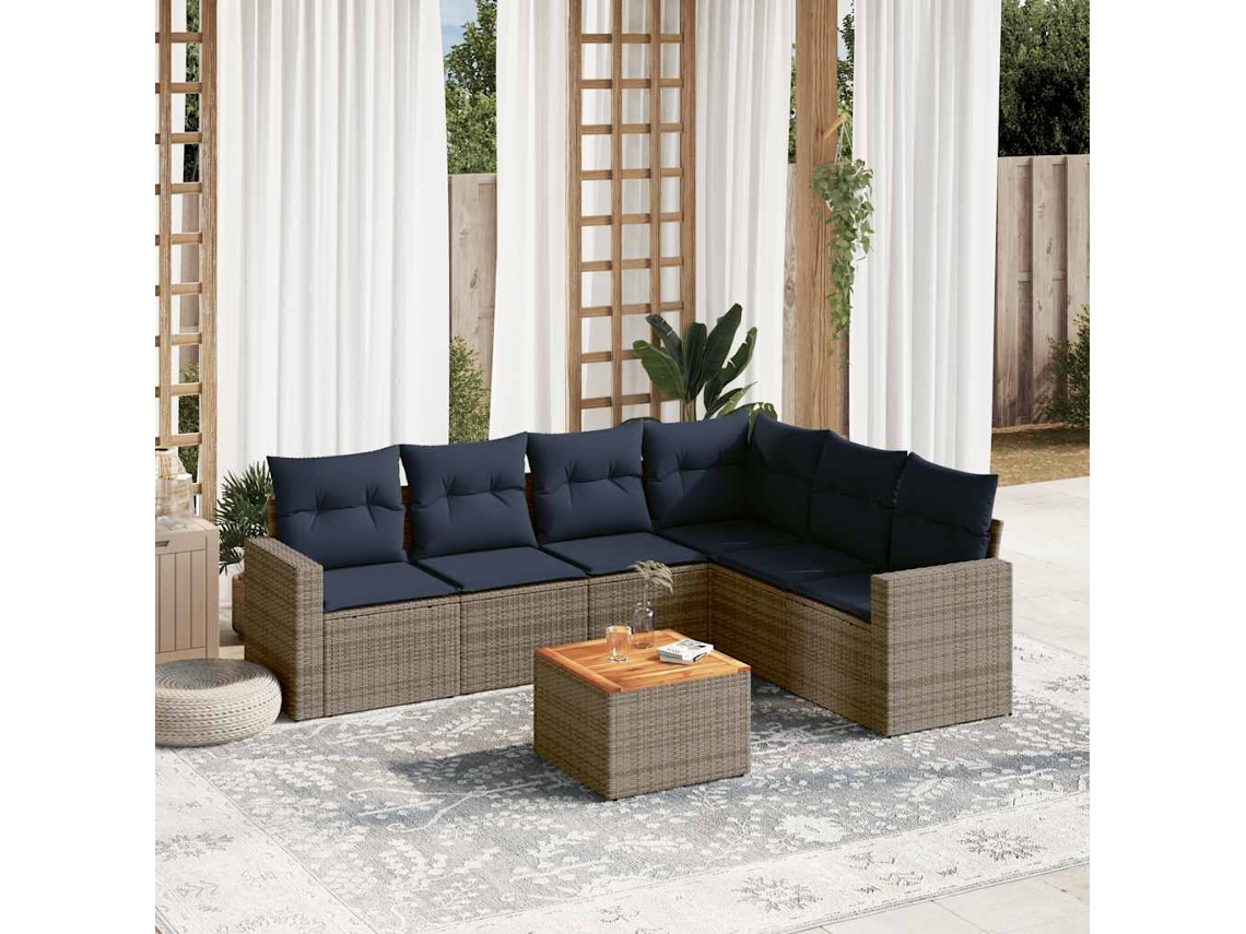 Vidaxl 7 Pcs Conjunto Sofás P/ Jardim C/ Almofadões Vime Pe Cinzento
