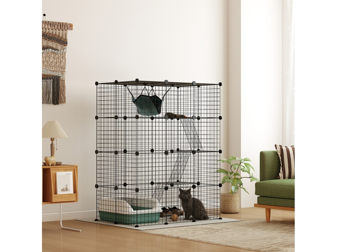 Gaiola para Gato de Interior Parque para Gato em Aço a 4 Níveis Diy com 5 Portas Hamaca 1 3 Gatos 105 X 70 X 140 Cm Preto