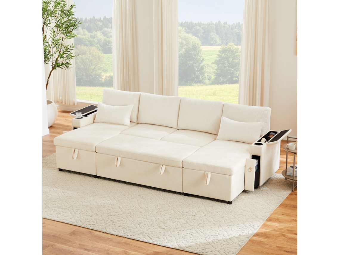 Sofá-cama U 4 Lugares, Porta-copos, Canto C/ Armazenamento, Função Cama, Descanso E Almofadas. Bege, Para Sala Ou Apto.