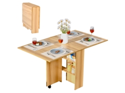 Mesa De Jantar Dobrável Com Rodas, Lateral Multifuncional Com Abas Rebatíveis E Prateleiras, 140x80x74cm, Madeira