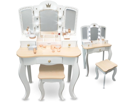 Toucador Infantil 3 Madeira com Banqueta Iluminação Led Espelho de 3 Asas Gaveta Grande Acessórios Maquilhagem Role-Play MAMABRUM