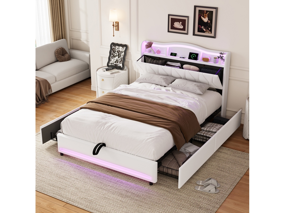 Cama de casal estofada 140x200cm, com gavetas, USB, LED, veludo, MEXUS