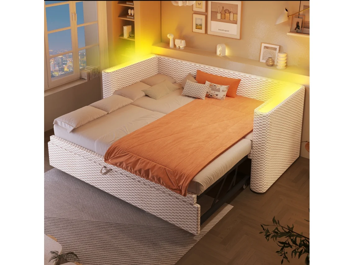 Sofá Cama 90x200/180x200 Cm Veludo Bege Com Led Multifuncional