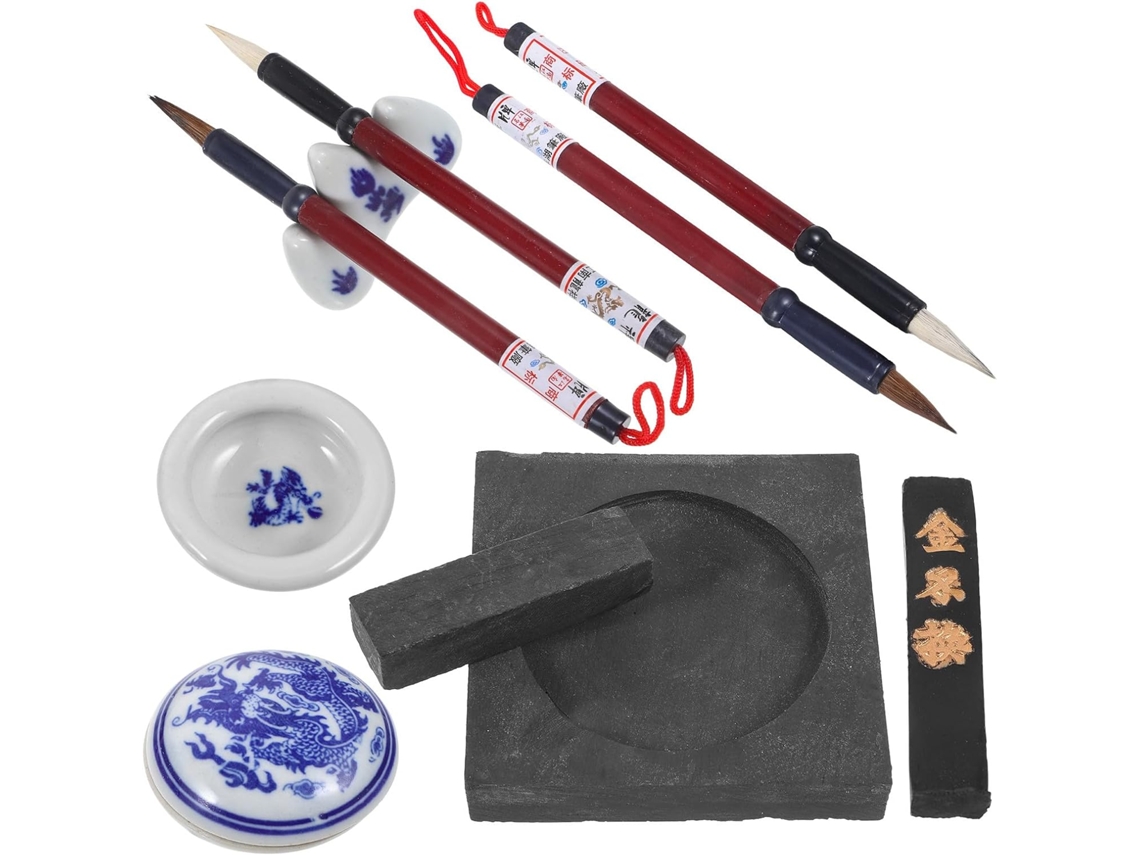 Pacote com 1 Conjunto Completo de Caligrafia Chinesa Amosfun Pincéis Leves, Tinteiro Quadrado e Bastão Tinta,