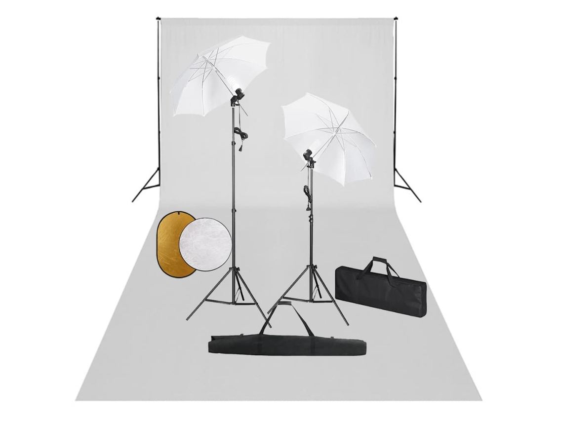 Vidaxl Kit Estúdio Fotográfico Com Lâmpadas/sombrinhas/fundo/refletor