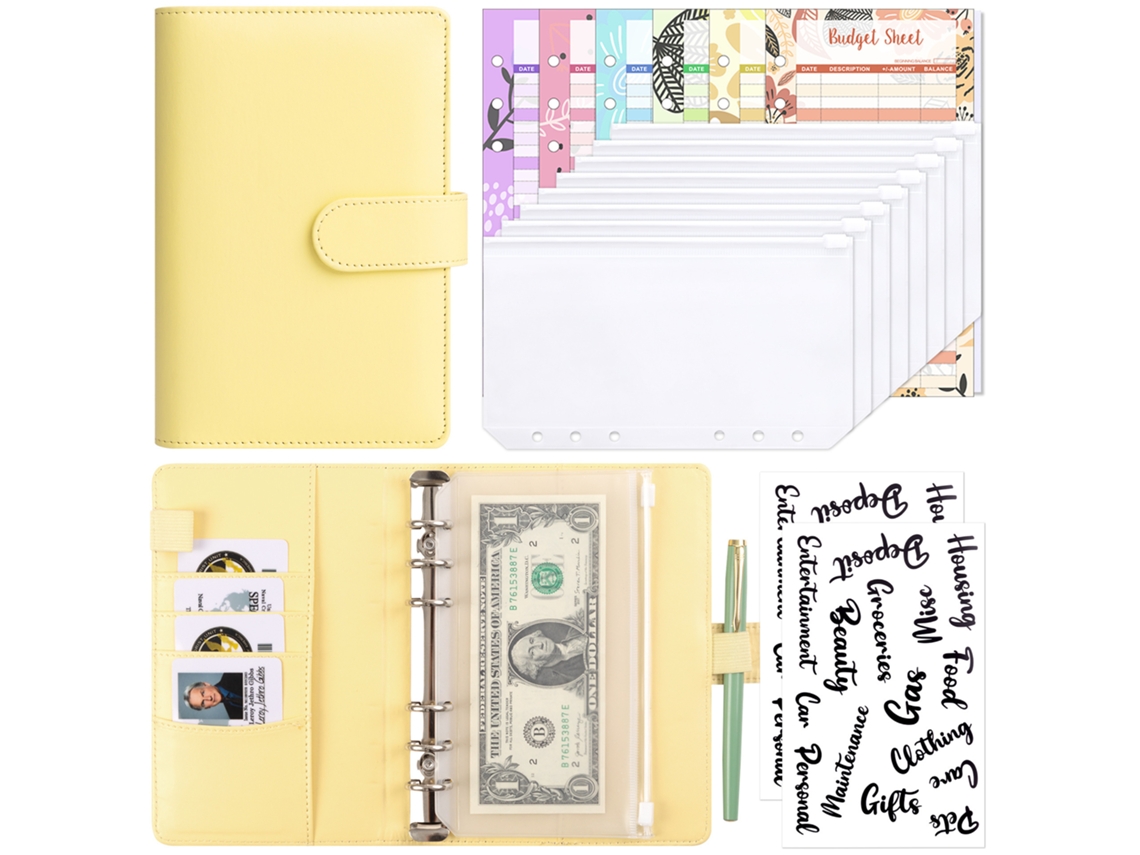 Macaron Loose Leaf Budget Journal With Removable Cover Yellow, 8-zipper Pouches, 12-budget Cards, 2-english Stickers
