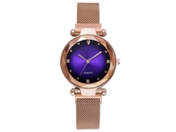 Relógio de quartzo fashion com strass e pulseira de malha dourada rosê (roxo)