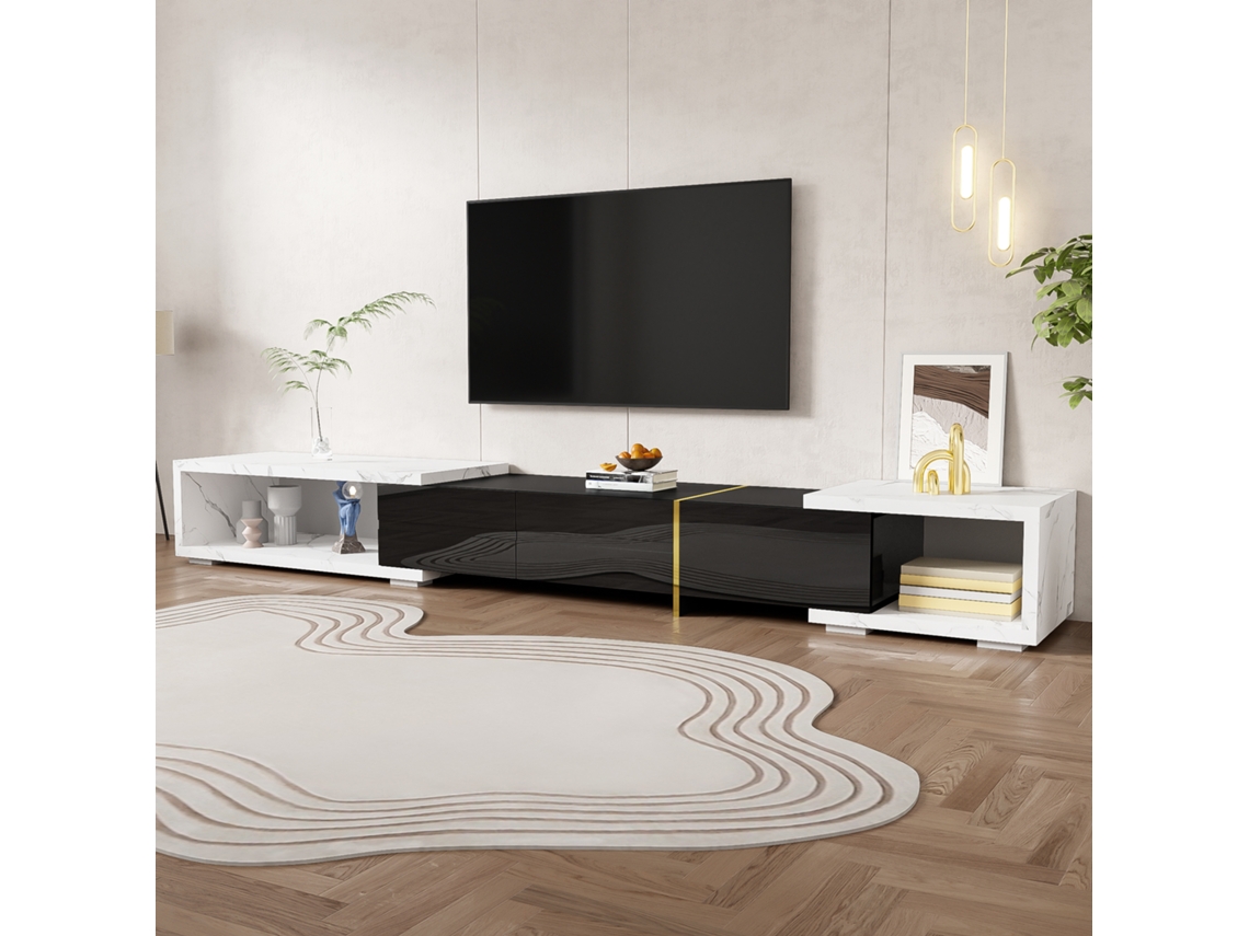 Móvel de TV moderno PAPRIKA ajustável em mármore branco e branco Fosco com detalhes dourados (140x260 cm)