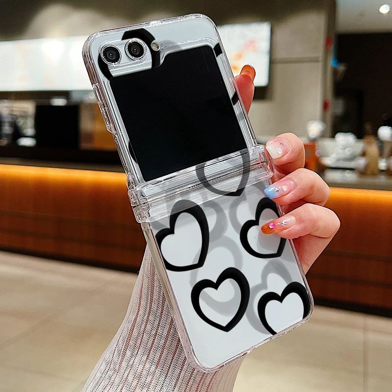 (a695) Capa Rígida Dobrável Transparente Com Estampa De Coração Vazado Para Samsung Galaxy Z Flip3 5g