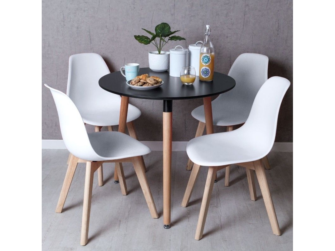 Conjunto Mesa Tower Redonda 80 Cm Preta E Pack 4 Cadeiras Kelen - Branco