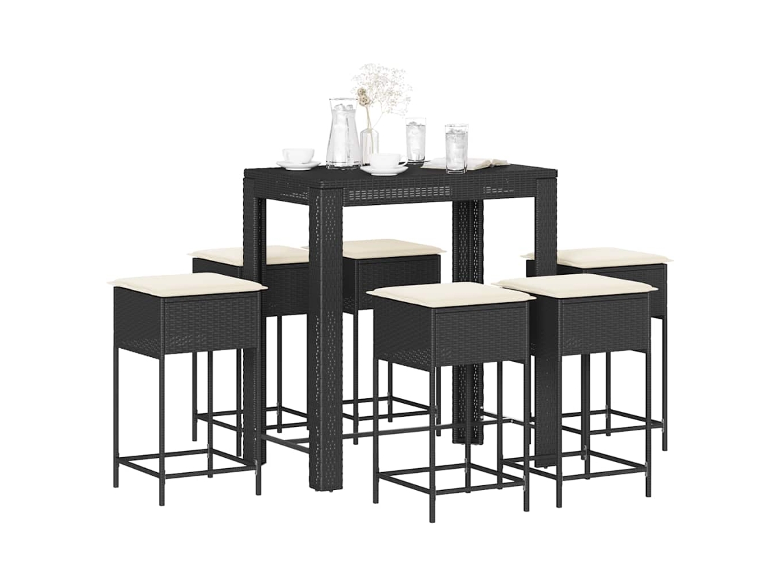 Vidaxl 7 Pcs Conjunto De Bar Para Jardim C/ Almofadões Vime Pe Preto