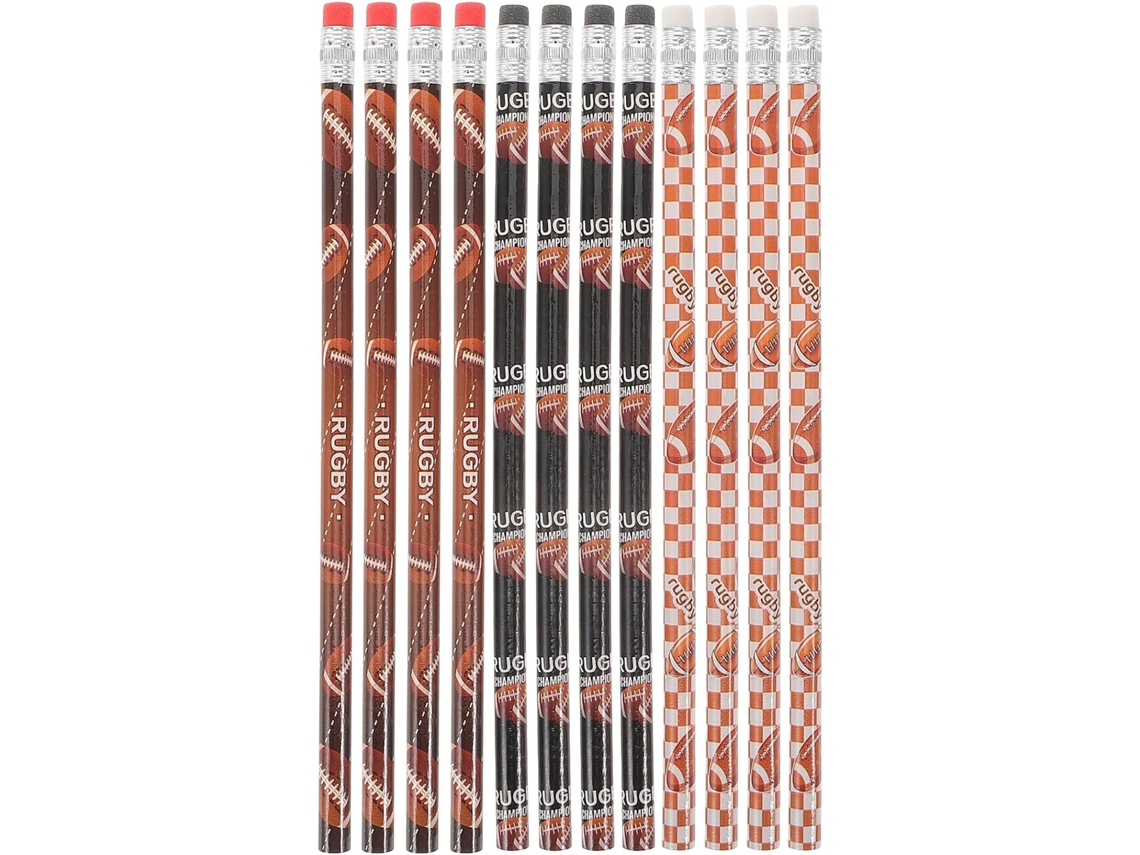 Conjunto de 36 peças de madeira resistente com tema de bola esportiva, ideal para escrita e desenho, material escolar com estampa de rúgbi.