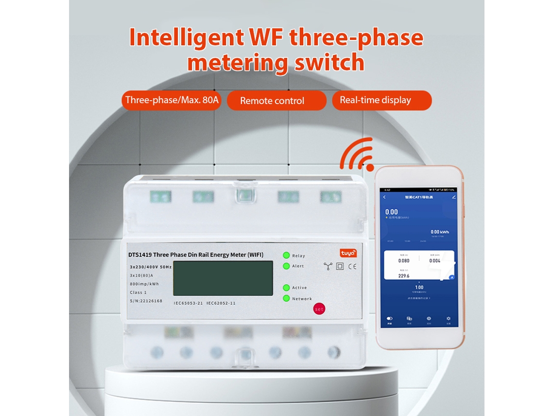 Medidor inteligente (pré-pagamento remoto via Wi-Fi, trifásico, instalado em Trilho)