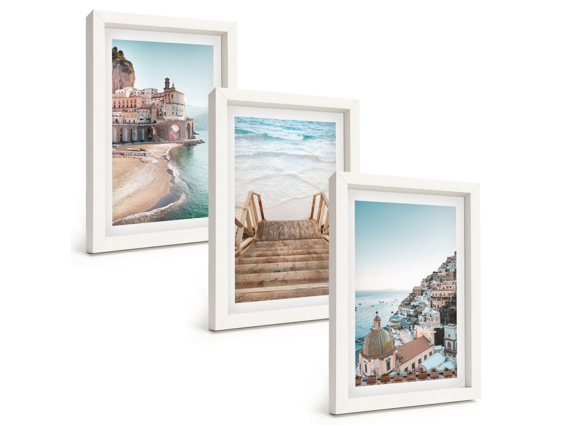 Composição De Quadros Vistas De Praia Em Tons Pastel De Verão Moldura Branca Imagens Para Um Quarto Infantil Espelharte (3 Peças 20x30 Cm)