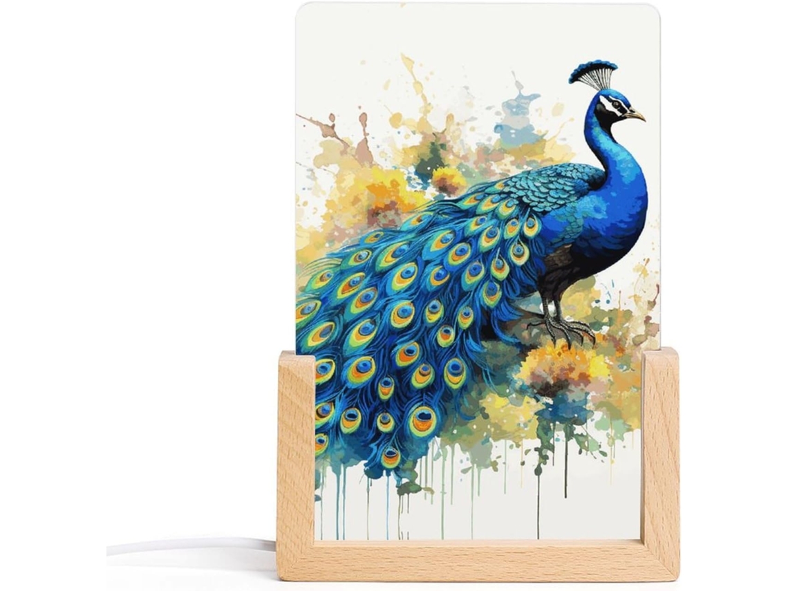 Luminária noturna em acrílico com efeito aquarela pavão, base de madeira, luz noturna LED, luminária moderna.