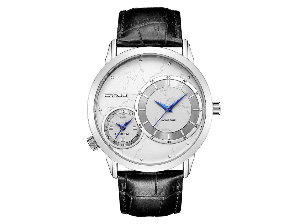 Relógio masculino de metal à prova d'água com duplo fuso horário, pulseira ajustável, prata e branco.