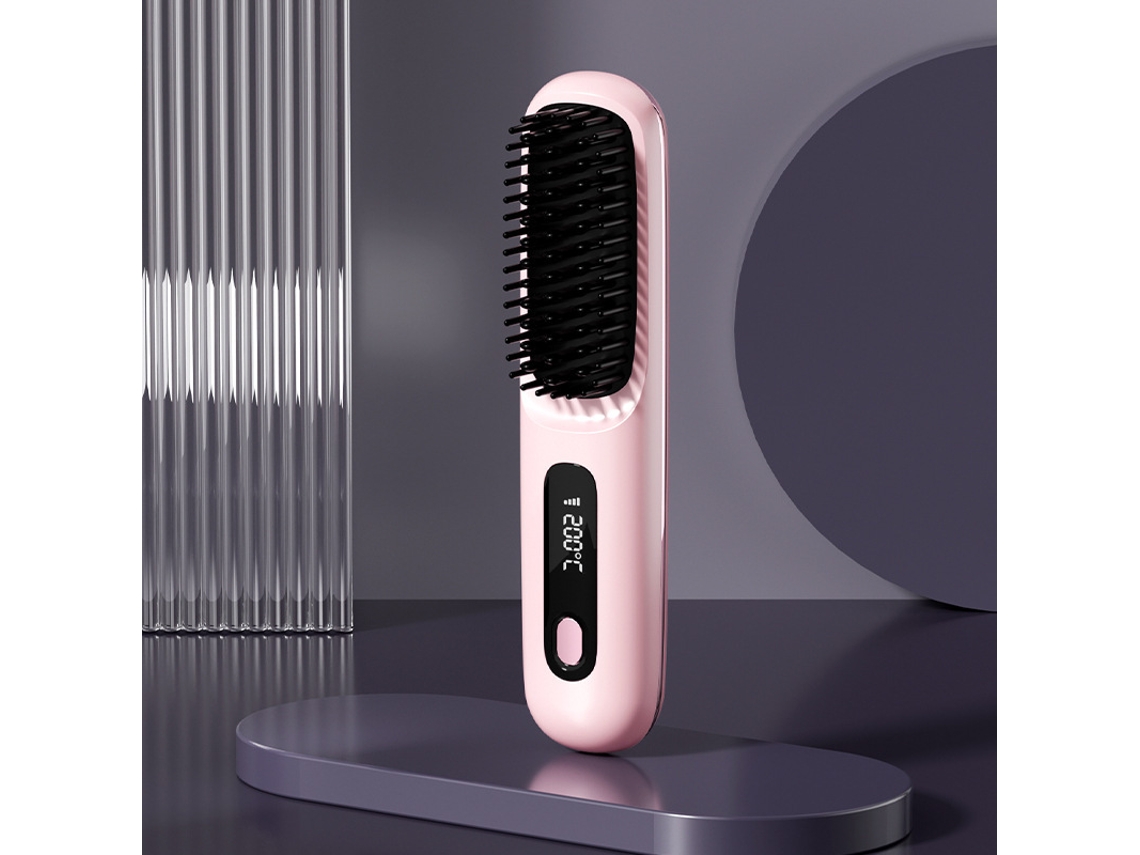 Escova Alisadora Sem Fio Rosa Display Lcd 3 Níveis Temperatura Aquecimento Rápido 20s Portátil YANYXR