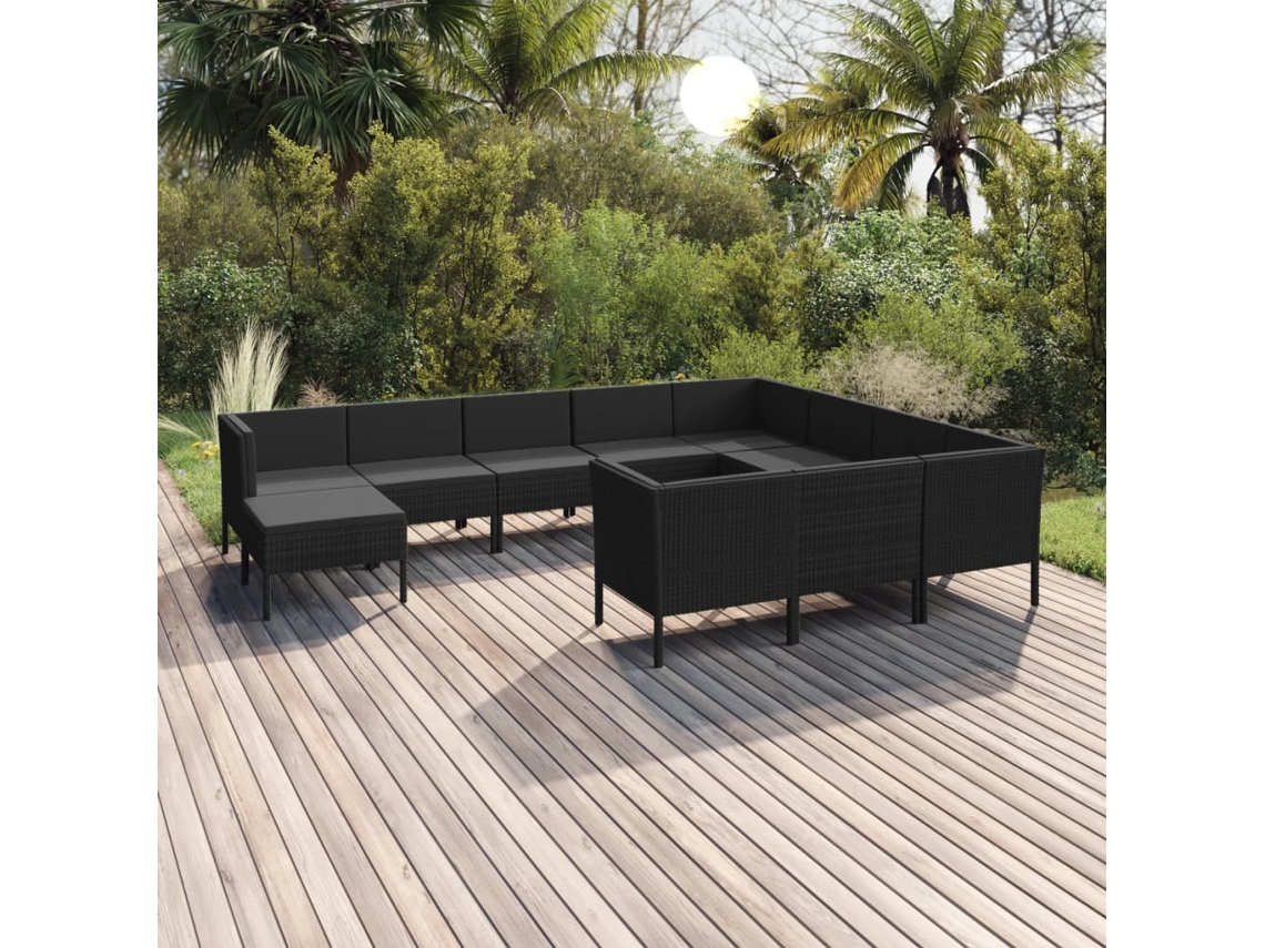 Vidaxl 11 Pcs Conjunto Lounge De Jardim C/ Almofadões Vime Pe Preto