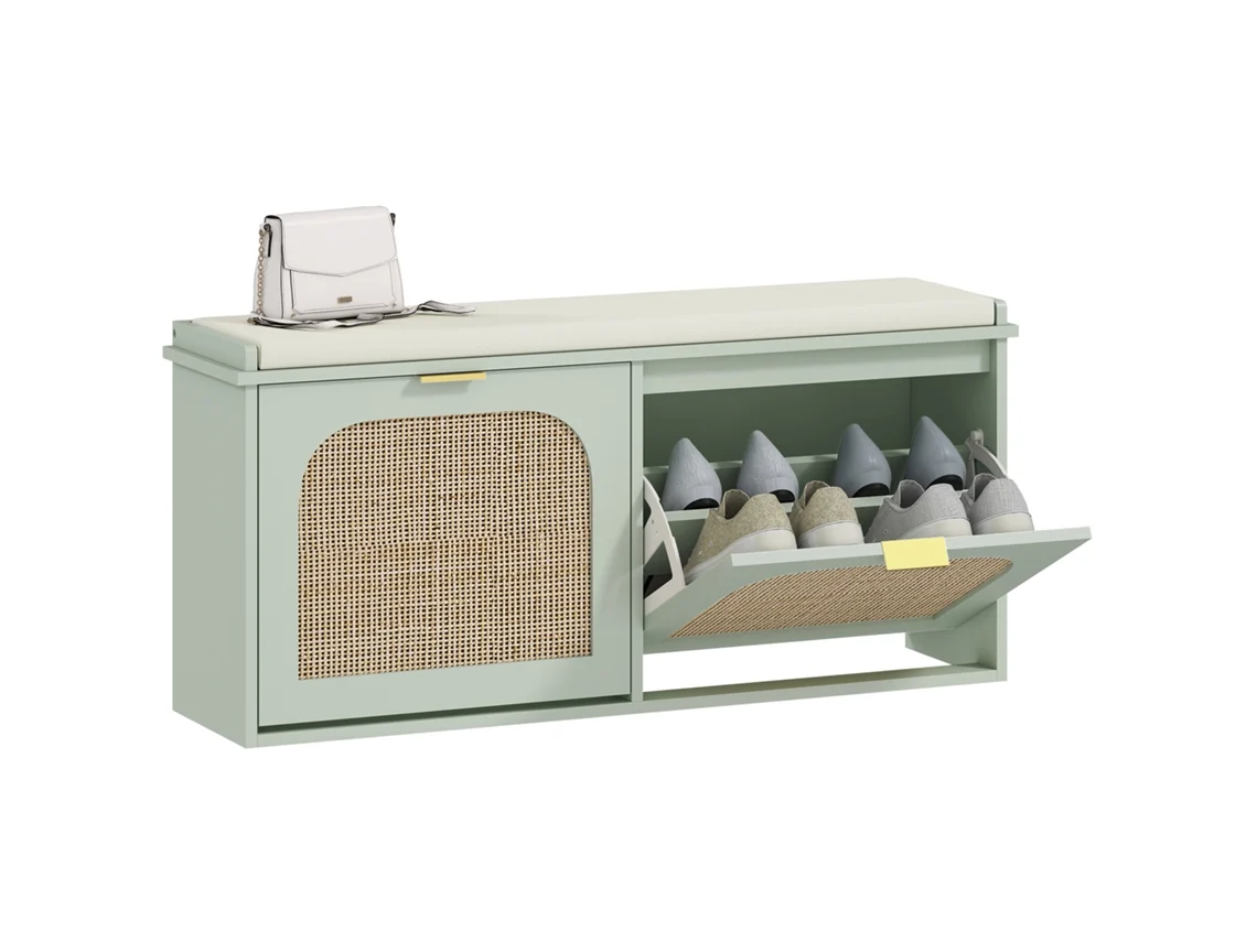 Banco para Sapatos CHEZMOI com espaço de armazenamento, assento acolchoado, gavetas basculantes, porta em rattan, 104x26x47,5 cm, verde