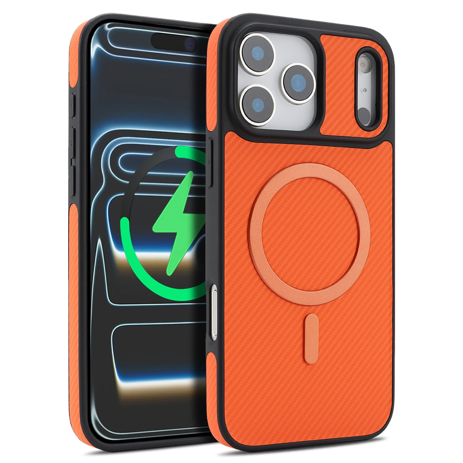 Capa Para Celular (iphone 16e Laranja) Em Couro Com Fibra De Carbono, Magnética E Ultrafina.