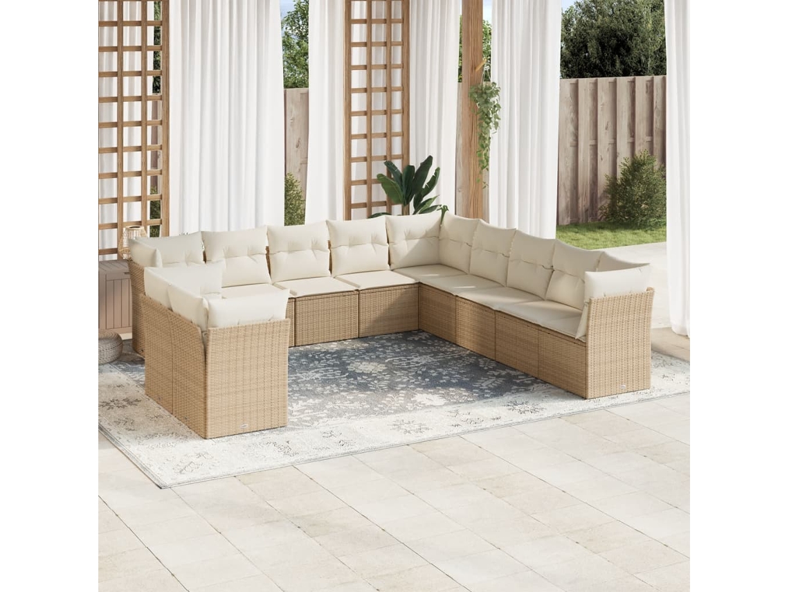 Vidaxl 11 Pcs Conjunto Sofás De Jardim C/ Almofadões Vime Pe Bege