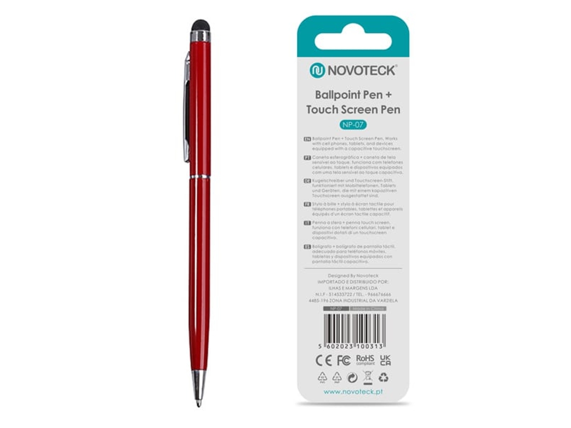 Caneta 2 Em 1 Novoteck Np 07 Esferográfica E Touch Screen, Compatível Com Dispositivos Capacitivos, Disponível Em Múltiplas Cores Vermelho
