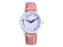 Relógio infantil de quartzo com pulseira de PU e ponteiro de lápis, caixa branca, rosa.