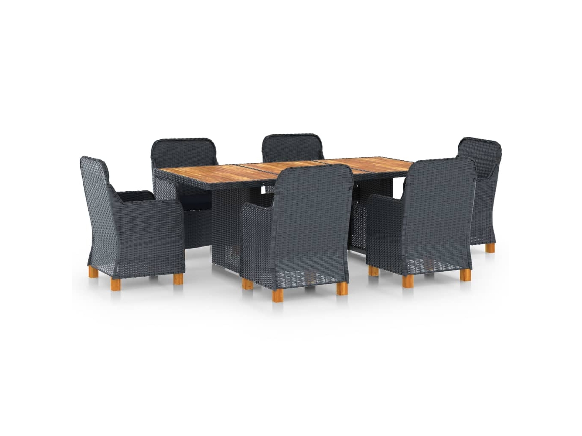 Vidaxl 7 Pcs Conj. Jantar Exterior C/ Almofadões Vime Pe Cinza-escuro