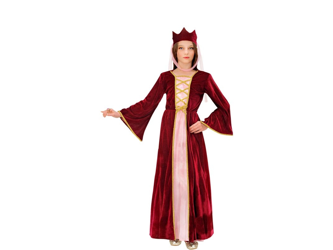 Fato de rainha medieval bordô e rosa com coroa para menina