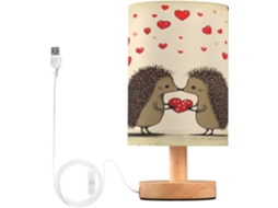 Luminária De Cabeceira Led Happy Hedgehogs Para Quarto, Luminária De Leitura Com Cúpula Tecido, Base De Madeira E Porta