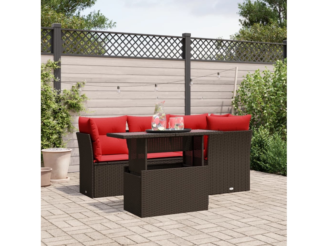 Vidaxl Conjunto De Sofá De Jardim De 5 Peças Com Almofadas Em Rattan Sintético Marrom