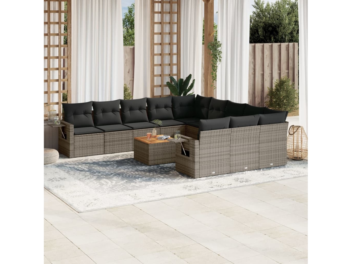 Vidaxl 12 Pcs Conjunto De Sofás Jardim C/ Almofadões Vime Pe Cinzento