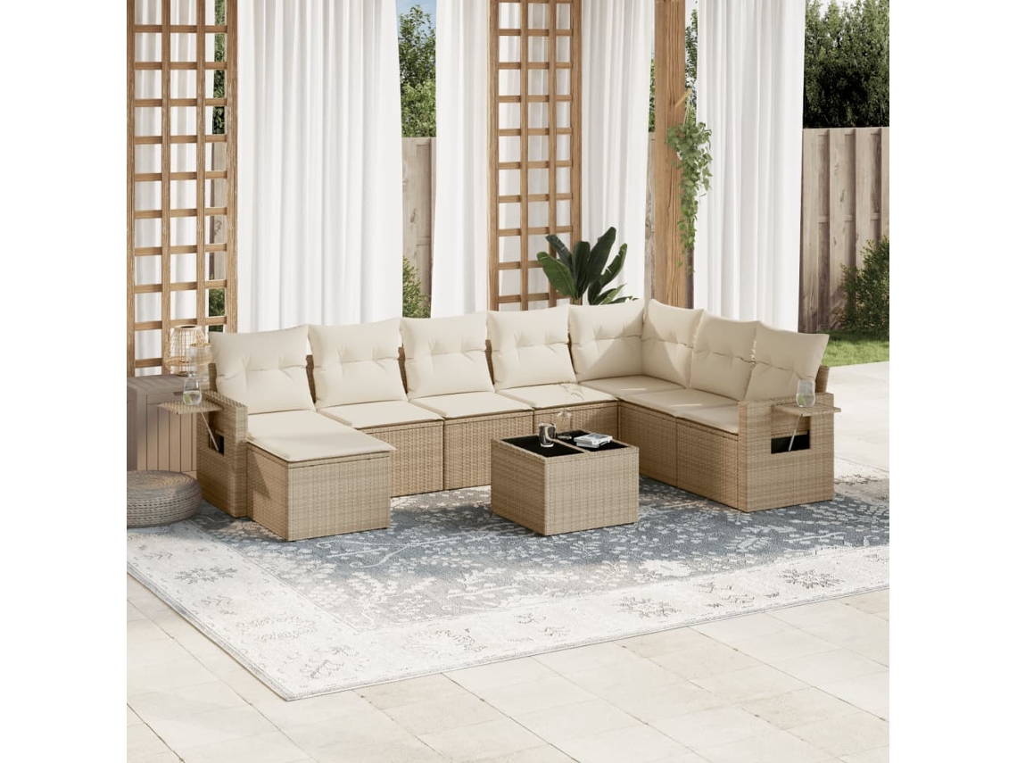 Vidaxl 9 Pcs Conjunto De Sofás P/ Jardim Com Almofadões Vime Pe Bege