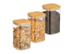 Conjunto Com 3 Potes De Vidro Com Tampas Herméticas De Bambu