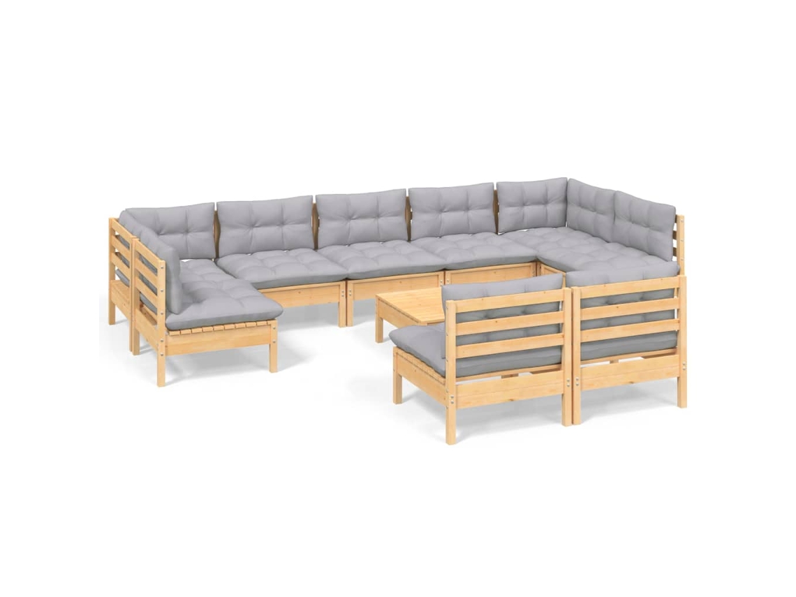 Conjunto de 10 Lounge de Jardim com Almofadões Cinza Pinho Maciço MAISON EXCLUSIVE